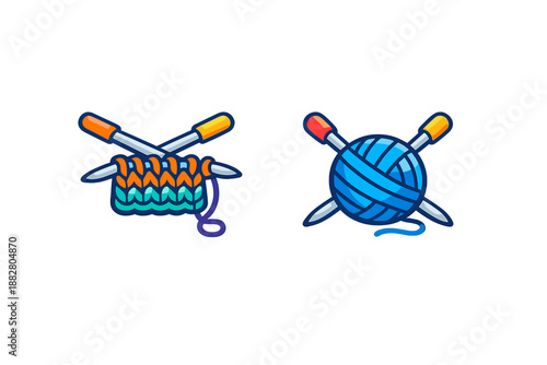 Knitting Icon Set with Yarn Ball and Knitting Needles
