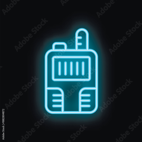 Blue neon sign glowing in the dark, showing a walkie talkie for communication