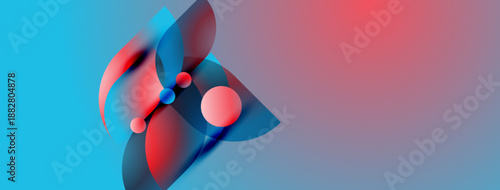 Abstract shapes, vibrant colors blend. Red, blue hues dominate composition. Modern design, dynamic flow, gradient background present.