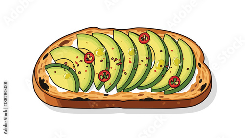 Deliciously illustrated avocado toast on toasted bread, a vibrant and healthy breakfast or snack option, perfectly topped with spices and olive oil