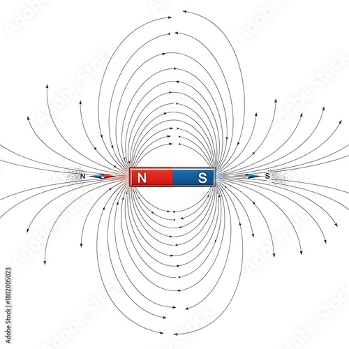 Bar magnet with red north and blue south poles showing magnetic field lines north pole