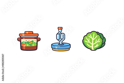 Fermentation icons: crock, airlock, and lettuce
