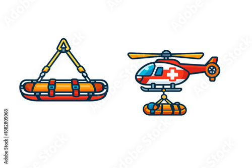 Medical helicopter and rescue stretcher icons