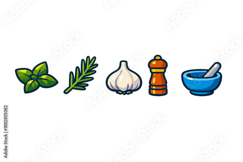 Herbs, Garlic, Pepper Mill, and Mortar and Pestle Icons