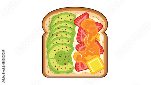 Digital illustration of toast, one side with avocado and spices, the other with strawberries, honey, and butter. A vibrant, balanced breakfast artwork