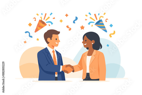 Business handshake with confetti celebration