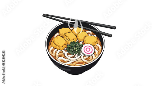 Steaming Japanese udon noodles in a bowl, topped with crispy golden tempura, green onions, and a narutomaki swirl, an appetizing Asian culinary