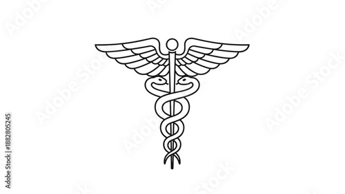 Caduceus medical symbol featuring two snakes entwined around winged staff representing medicine and healthcare industries.