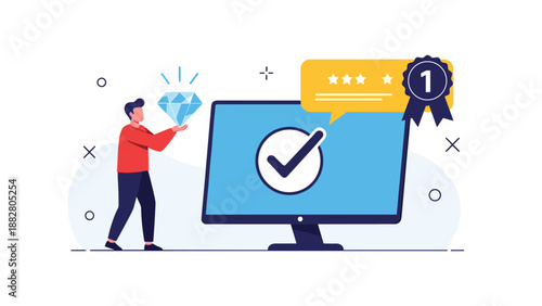 Customer satisfaction concept with person holding large diamond next to computer screen showing positive rating and checkmark.
