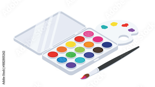 Watercolor paint set palette with assorted colorful pigments a tray lid and brush for artistic painting and creative projects.