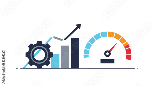 Business performance dashboard with growth chart bars upward arrow gear and speedometer gauge for data analysis concept.