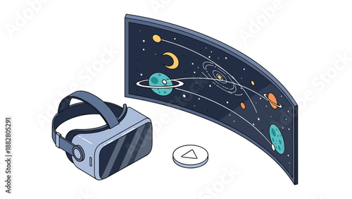 Virtual reality headset next to curved screen displaying space theme with planets and galaxies for immersive technology concept.