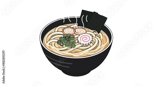 Steaming Japanese noodle bowl with narutomaki, fresh scallions, and seaweed in a classic black bowl.