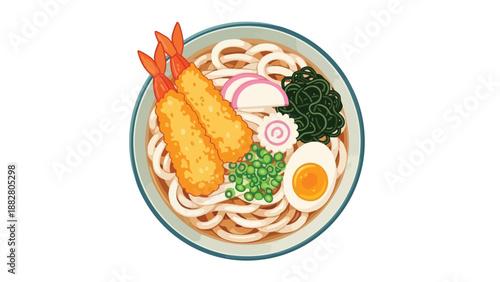 A delightful Japanese udon noodle bowl illustration featuring tempura shrimp, a soft-boiled egg, and fresh green garnishes