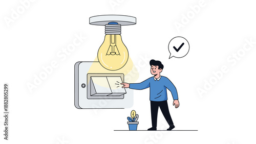 Man in a blue shirt reaches out to press a large light switch on the wall causing a bright light bulb above to glow with yellow energy.
