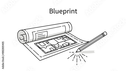 Architectural blueprint of a house floor plan partially unrolled next to a sharp pencil for professional design and construction planning work.
