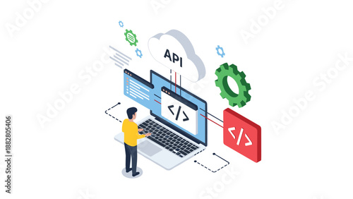 Software developer standing at a laptop working on API integration with cloud storage and coding symbols in a digital tech environment view.