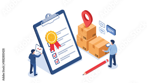Two workers managing logistics with a large checklist clipboard and cardboard boxes for shipping and delivery service excellence in a warehouse.