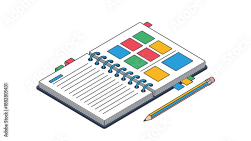 Open daily planner notebook with colorful square tabs and a pencil lying next to it for creative schedule management and tasks organization.
