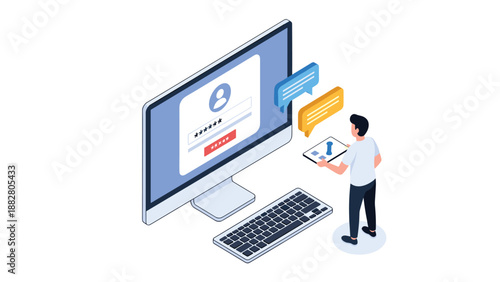 Young man using a tablet to log into his user account on a large desktop computer monitor with password fields and notification bubbles shown.