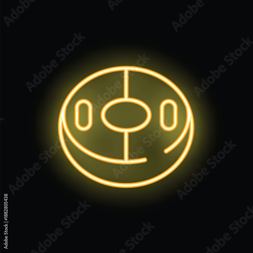 Bright yellow neon sign of a lifesaver ring glowing on a dark background
