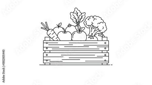 Black and white line drawing of a wooden crate filled with fresh vegetables like carrots apples and broccoli for healthy eating and nutrition.