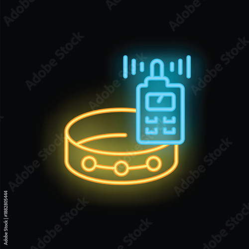 Neon glowing icon of electric invisible fence for pet security system emitting a radio signal