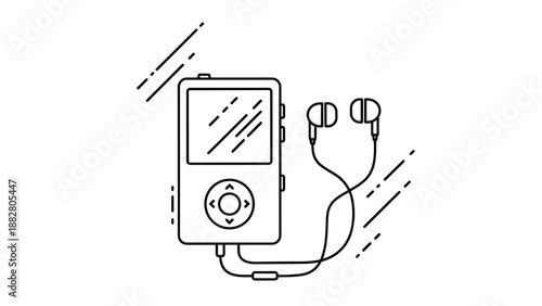 Black and white line art of a classic portable music player with a screen and wired earphones for listening to audio tracks and favorite songs.