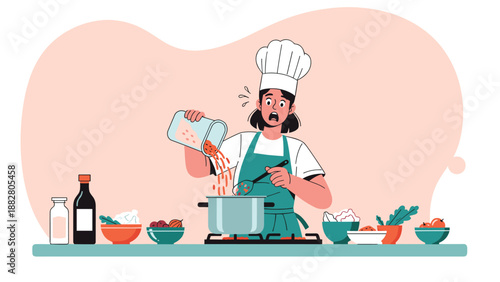 Female chef in a white hat and green apron looking surprised while pouring ingredients into a pot on a stove in a professional kitchen setting.