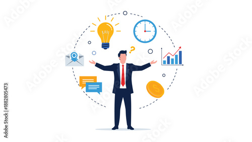 Businessman standing with arms wide open surrounded by icons of ideas time money and growth for professional management skills and leadership.