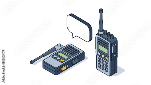 Pair of gray walkie-talkie radios shown from an isometric view with a speech bubble for wireless communication and safety during field work.