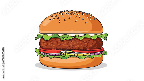 A vibrant, appetizing cartoon burger illustration showcasing a toasted sesame bun, juicy patty, crisp lettuce, ripe tomatoes, and fresh onions,