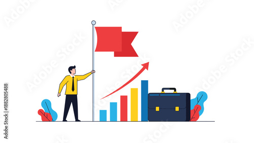 Determined businessman plants a flag atop a growth chart to celebrate financial victory and hitting professional goals.
