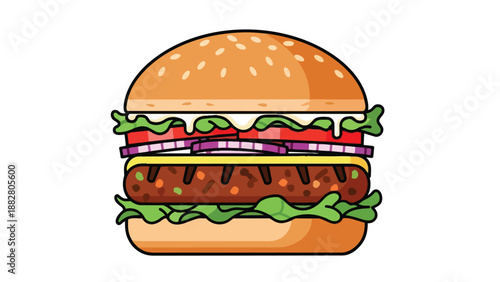 Vibrant flat design burger illustration with sesame bun, fresh lettuce, tomato, onion, cheese, and a savory patty, perfect for fast food visuals and