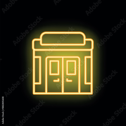 Bright yellow neon sign depicting building entrance with double doors, glowing on dark background