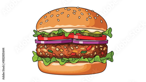 Vibrant vegan burger illustration featuring fresh ingredients and a hearty plant-based patty