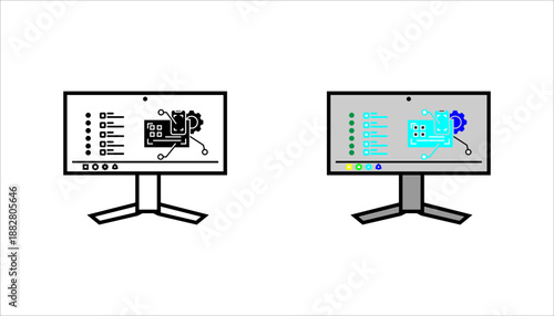 Computer monitor showing system interface with clipboard and gear in solid style. Represents digital systems, software management, automation, and IT solutions. icon set.