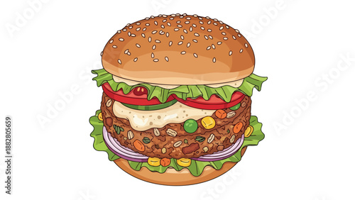 Delicious gourmet plant-based burger featuring fresh vegetables and wholesome grains on a toasted sesame bun perfect for healthy dining options