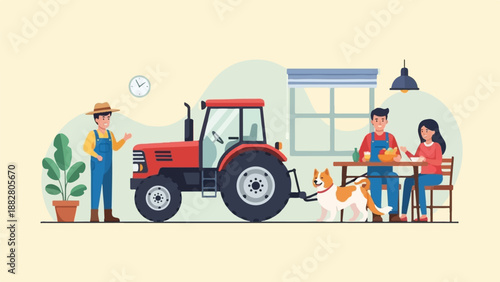 Farmers enjoying meal with dog near tractor, rural scene
