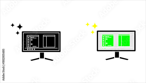 Solid icon set. of a computer monitor displaying software interface, representing application development, programming, UI design, and digital workspace.