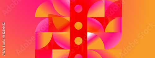 Abstract geometric composition. Vivid orange, pink, red hues blend. Circular shapes create dynamic symmetry. Modern design elements present.