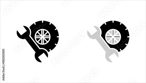 Black and white vector-style icon featuring a wrench and gear symbolizing repair, maintenance, service, and system settings. Suitable for technical applications, mechanical services, automotive indust