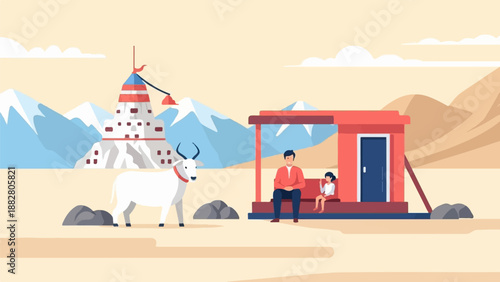 Father and child wait at a shelter with a cow and temple in the distance