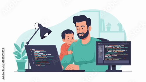 Father and child watch code on screens
