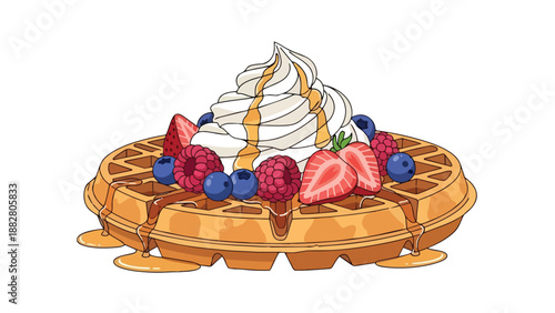 Sweet morning delight: a colorful cartoon waffle adorned with fluffy cream and ripe seasonal berries