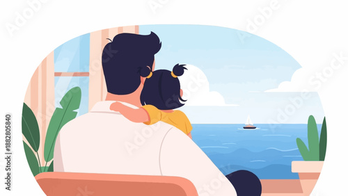 Father and daughter embracing, looking at sailboat on blue ocean