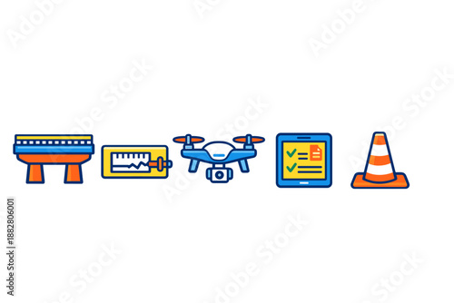 Construction and technology icons on a dark background