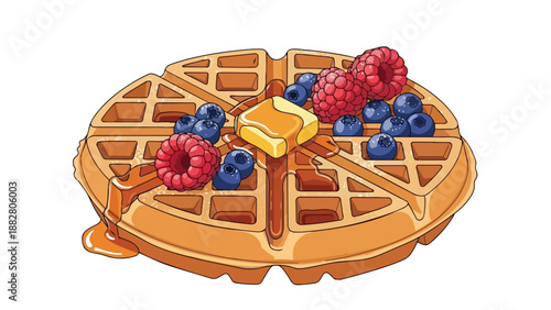 Golden brown waffle artfully topped with vibrant fresh raspberries juicy blueberries a square of melting butter and glistening sweet maple syrup a