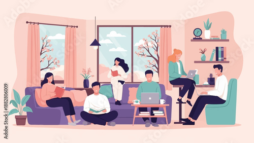 Diverse group of people in a cozy living room, enjoying quiet activities indoors