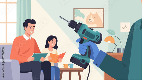 Family enjoying leisure time while someone is using a drill